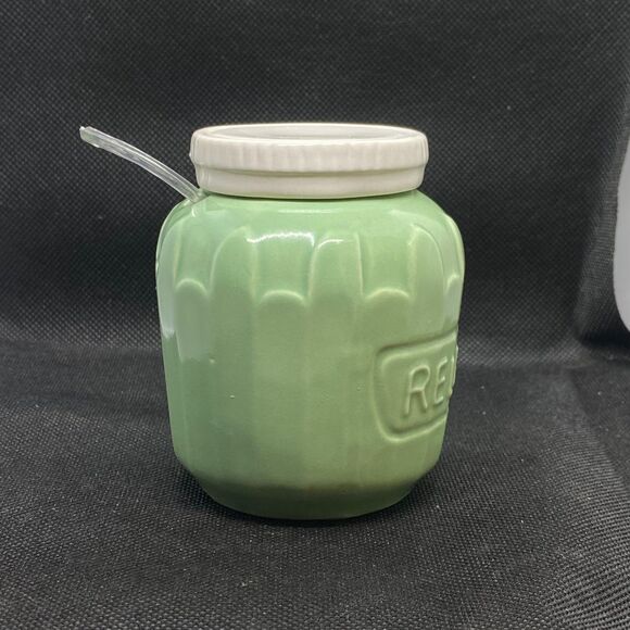 ceramic relish jar with lid and spoon green vintage style cute small retro kitch - Picture 2 of 12